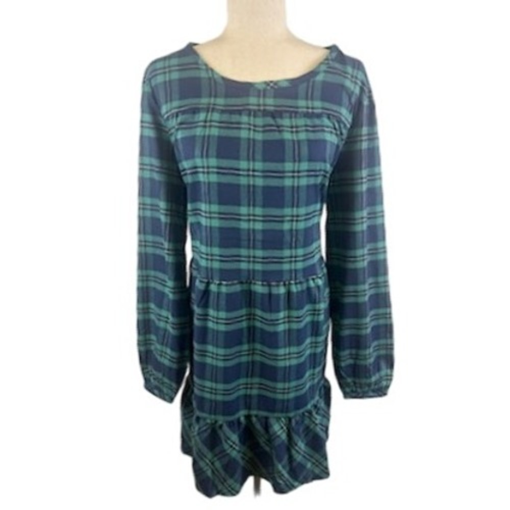 New Southern Tide Plaid Dress  Emerald Long Sleeve Ruffle Bottom Size Large $138